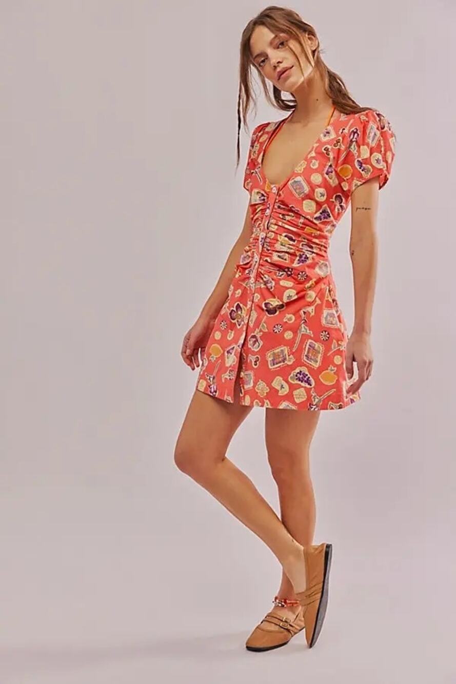 NWT FREE PEOPLE Oakley Mini Dress $128 X-LARGE Pink Combo RUCHED